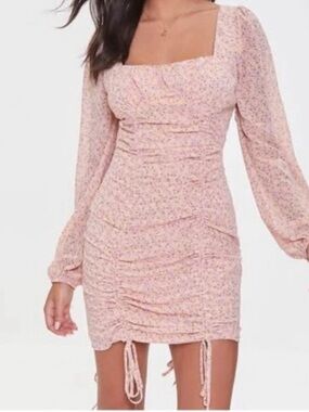 Forever 21 Pink Floral Ruched Square-Neck Long Sleeve Mini Dress